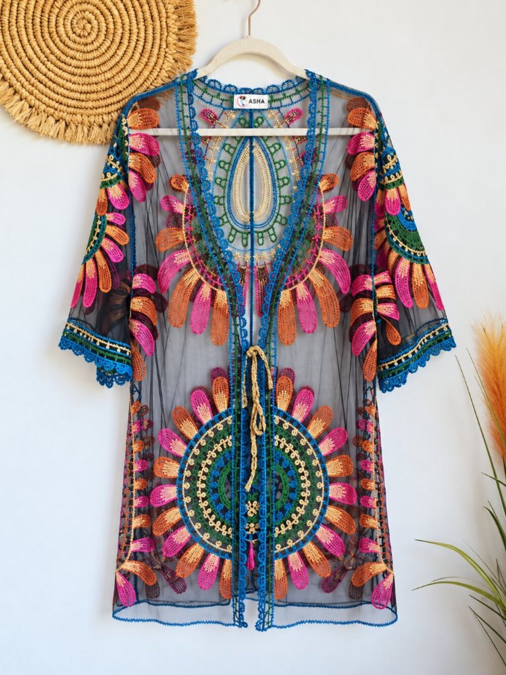 Asha Black Sheer Colorful Mesh Embroidered Medallion Duster Kimono One Size Boho
